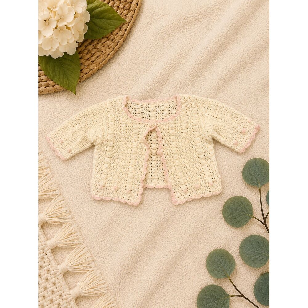 Rose Cottage Baby Girls Crochet Cardigan Sweater Ivory Pink 3-6 Months Vintage